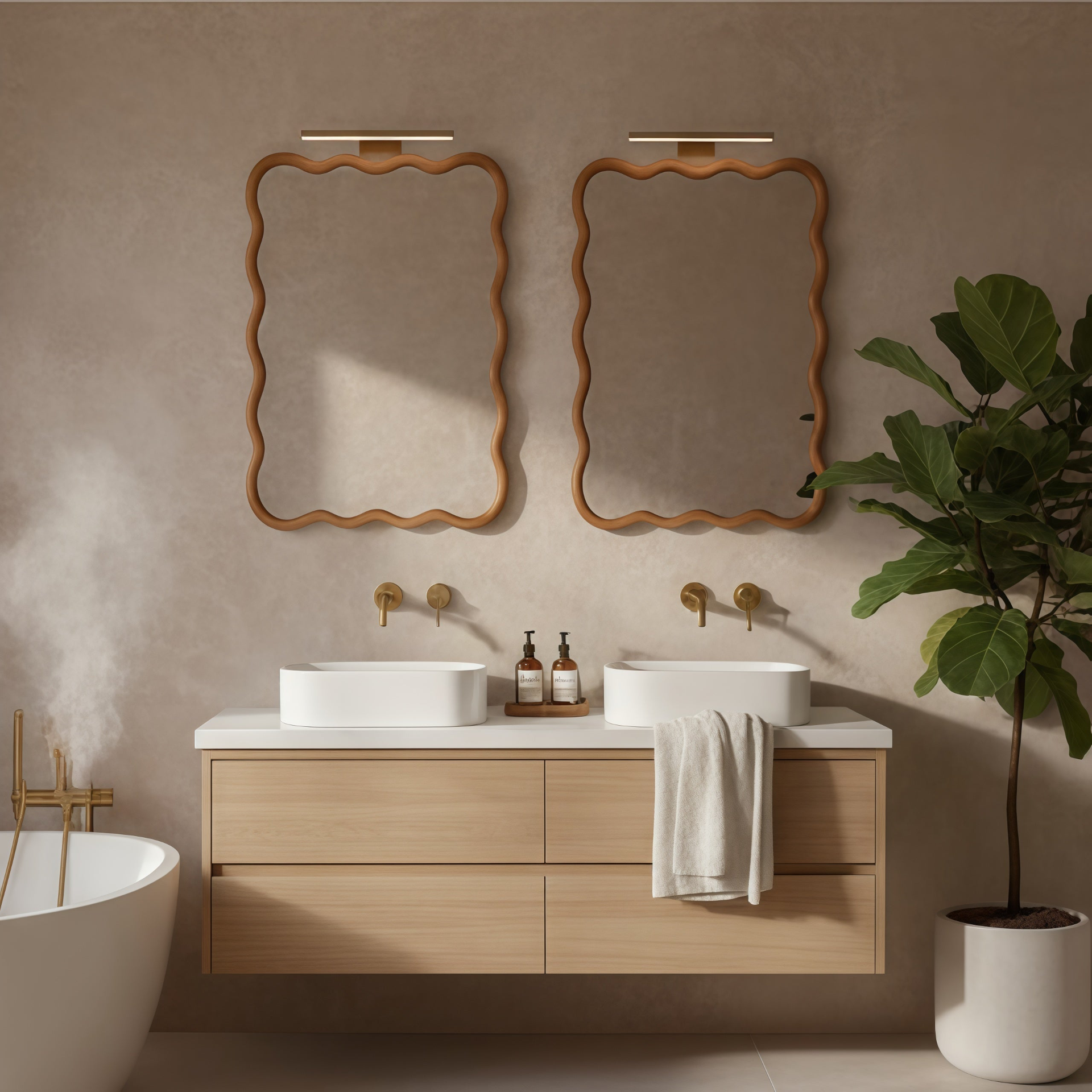 Wavy solid wood wall mirror with curved frame, ideal for bathroom, bedroom, or entryway decor, by Start2Finish.