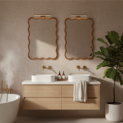 Wavy solid wood wall mirror with curved frame, ideal for bathroom, bedroom, or entryway decor, by Start2Finish.