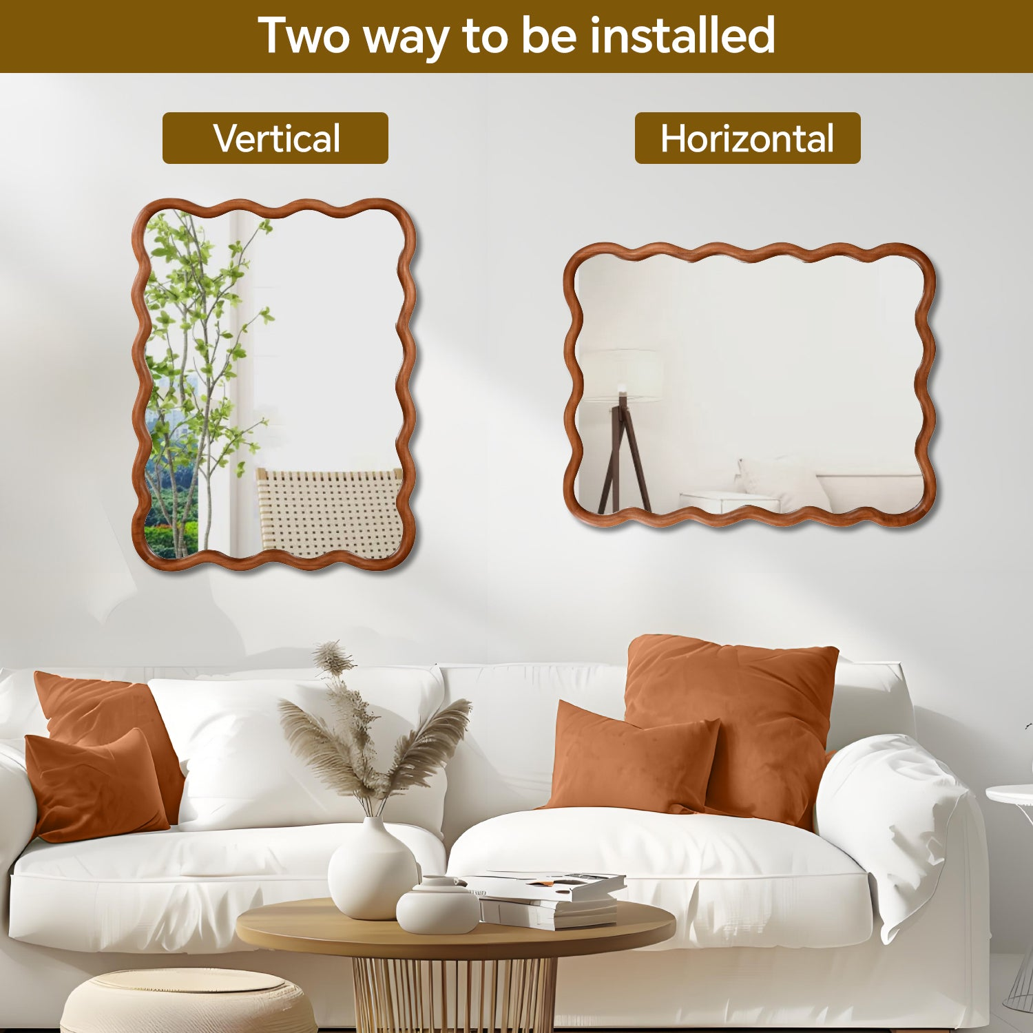 Wavy solid wood wall mirror with curved frame, ideal for bathroom, bedroom, or entryway décor, by Start2Finish.
