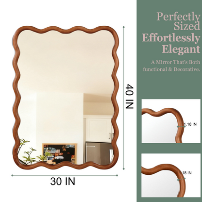 Wavy solid wood wall mirror with curved frame, ideal for bathroom, bedroom, or entryway decor, by Start2Finish