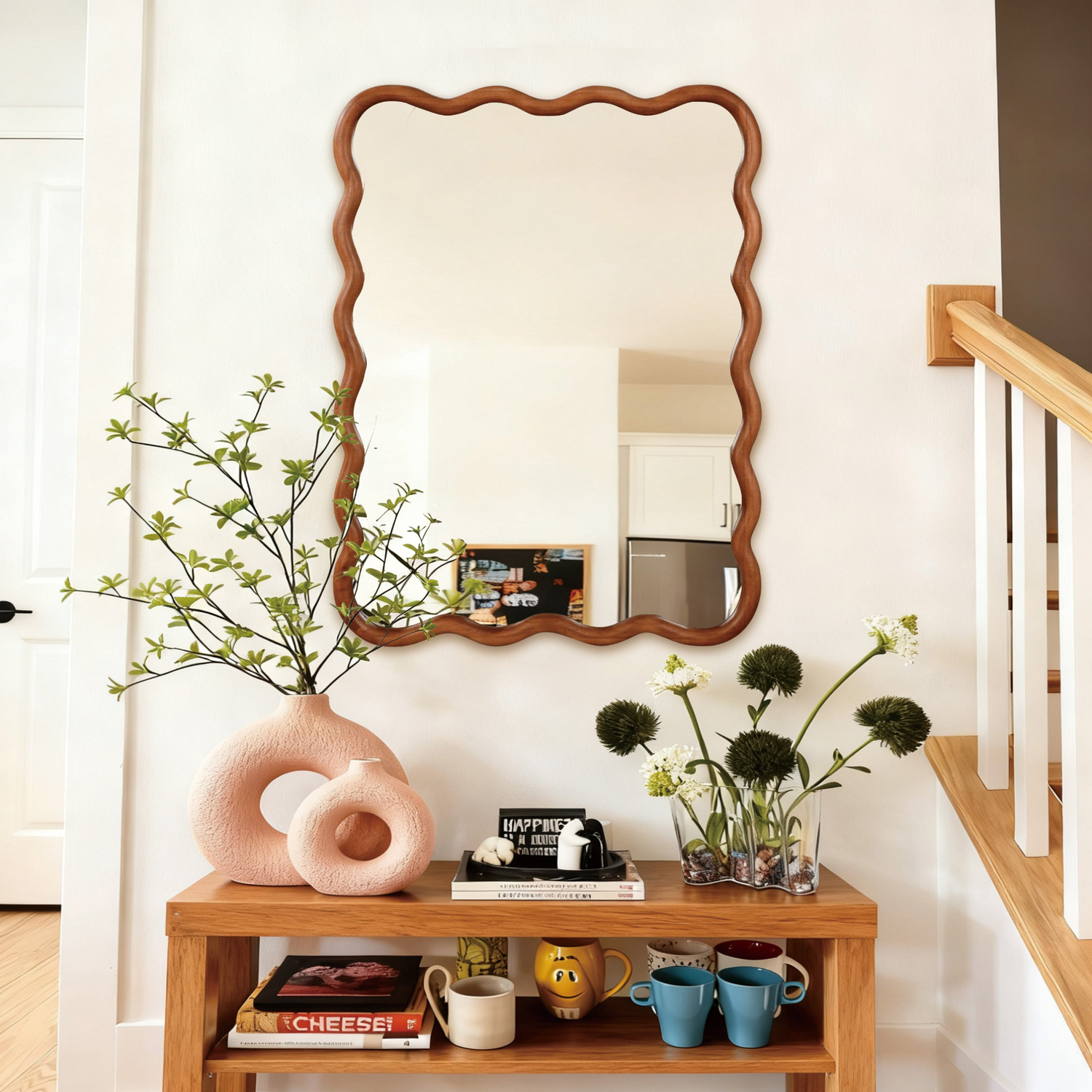 Wavy solid wood wall mirror with a curved frame, ideal for bathroom, bedroom, or entryway decor, by Start2Finish.