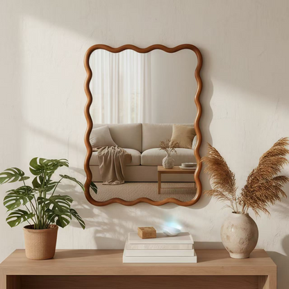 Wavy solid wood wall mirror with curved frame, ideal for bathroom, bedroom, or entryway decor, by Start2Finish.