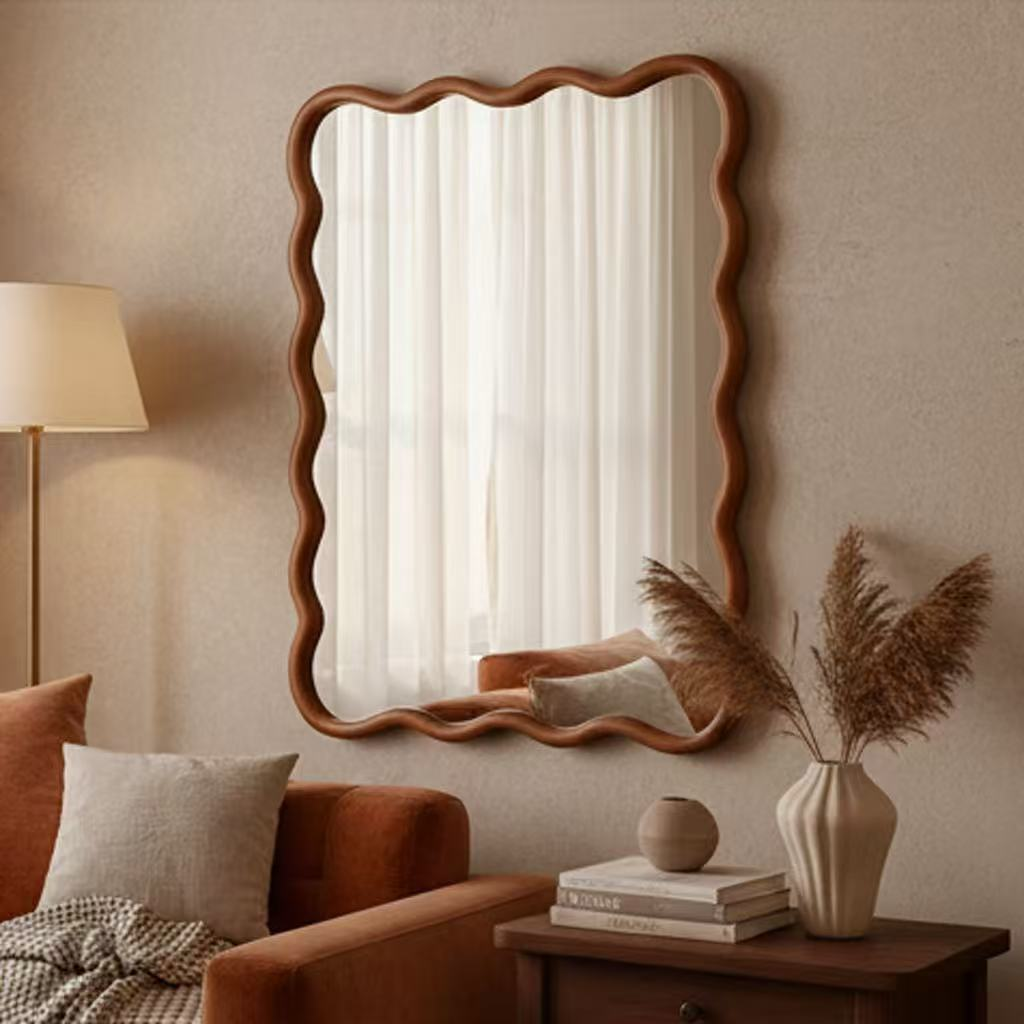Wavy solid wood wall mirror with curved frame, ideal for bathroom, bedroom, or entryway decor by Start2Finish