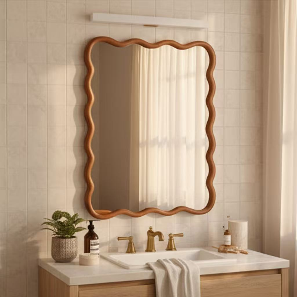 Wavy solid wood wall mirror with curved frame, ideal for bathroom, bedroom, or entryway, by Start2Finish.