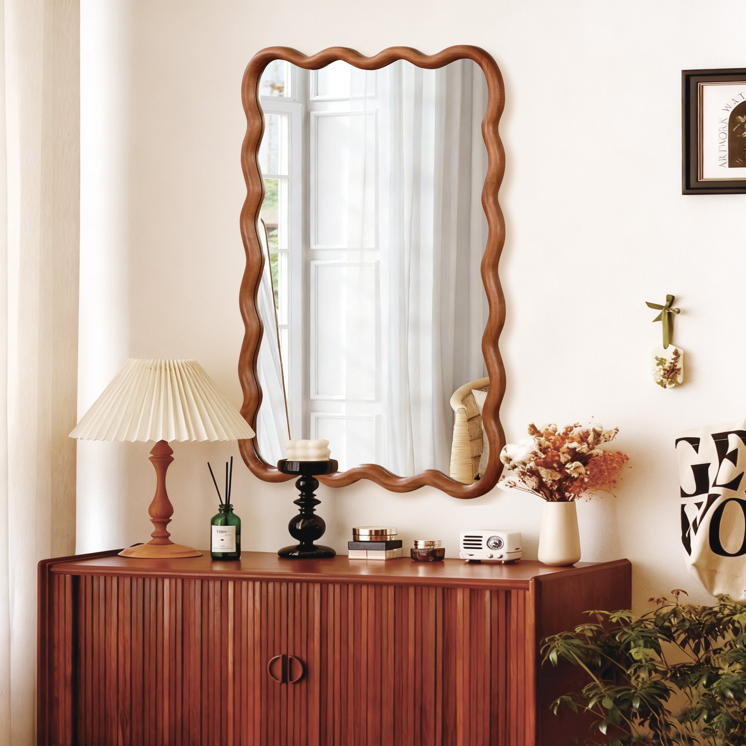 Wavy solid wood wall mirror with curved frame, ideal for bathroom, bedroom, or entryway decor by Start2Finish
