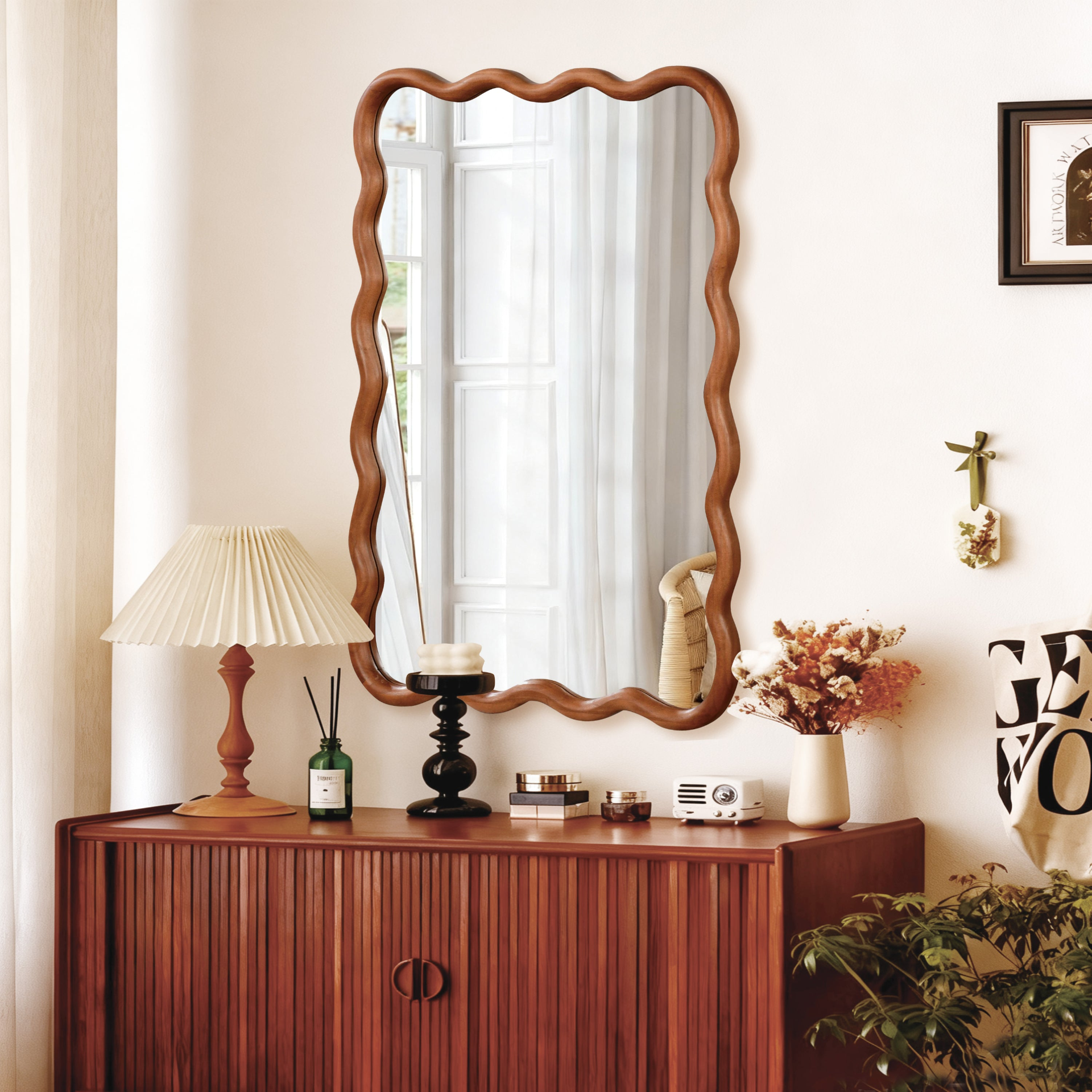 Wavy solid wood wall mirror with curved frame, ideal for bathroom, bedroom, or entryway decor by Start2Finish