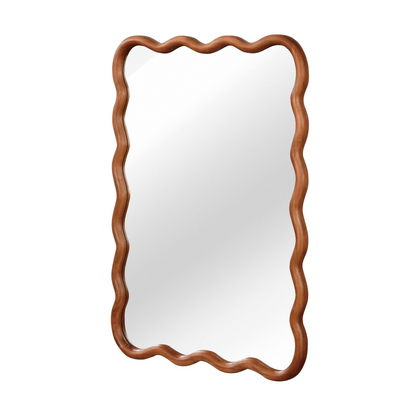 Wavy solid wood wall mirror with curved frame, suitable for bathroom, bedroom, or entryway decor, by Start2Finish.