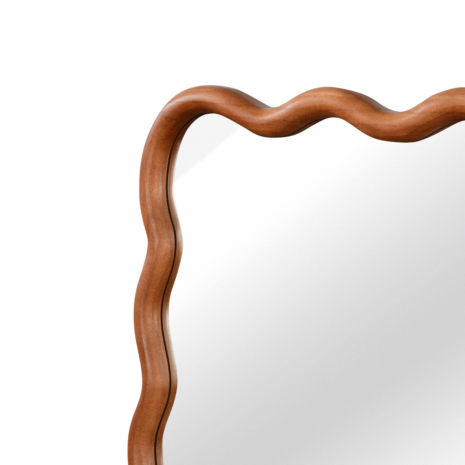 Wavy solid wood wall mirror with curved frame, ideal for bathroom, bedroom, or entryway decor in a modern home.