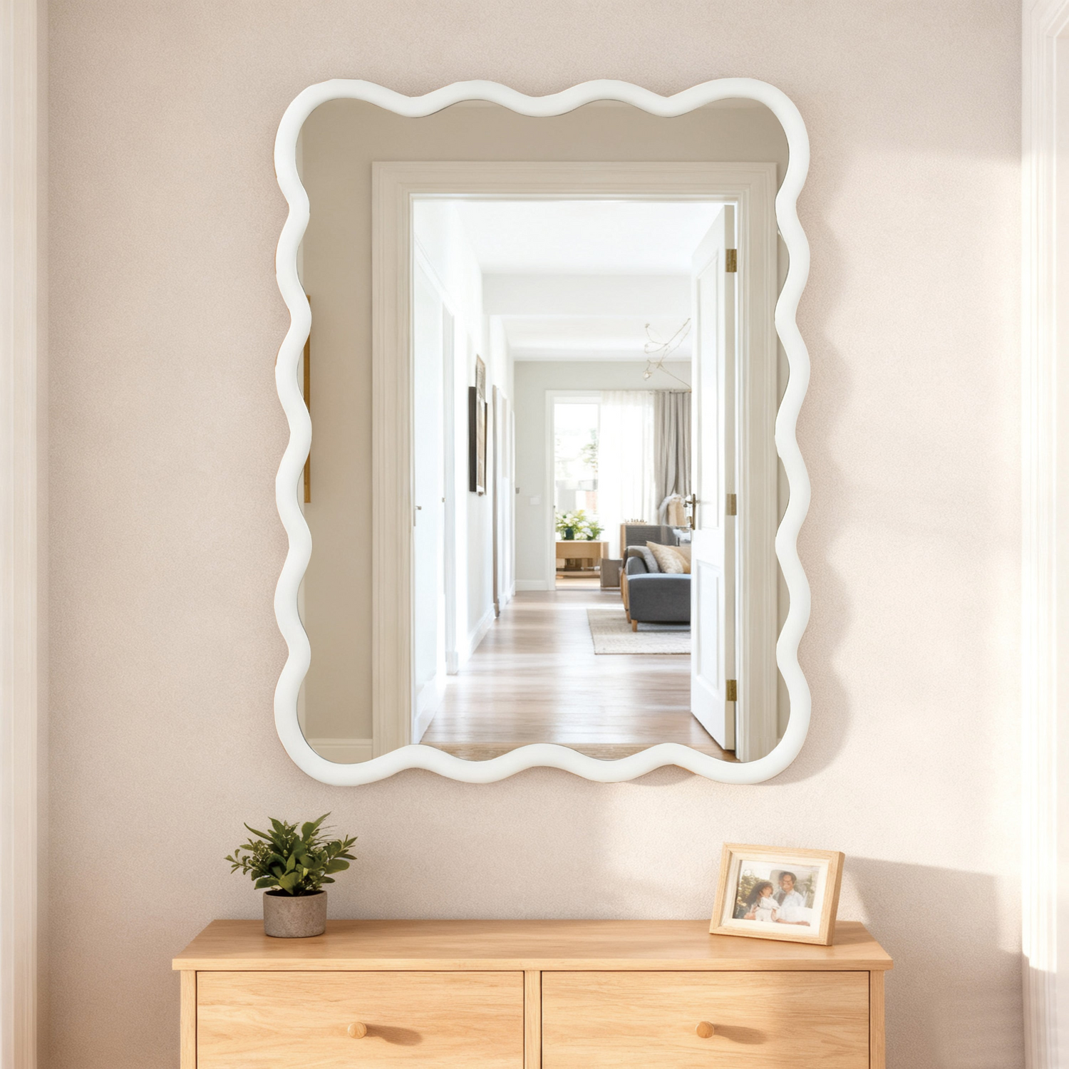 Wavy solid wood wall mirror with curved frame, suitable for bathroom, bedroom, or entryway, by Start2Finish.