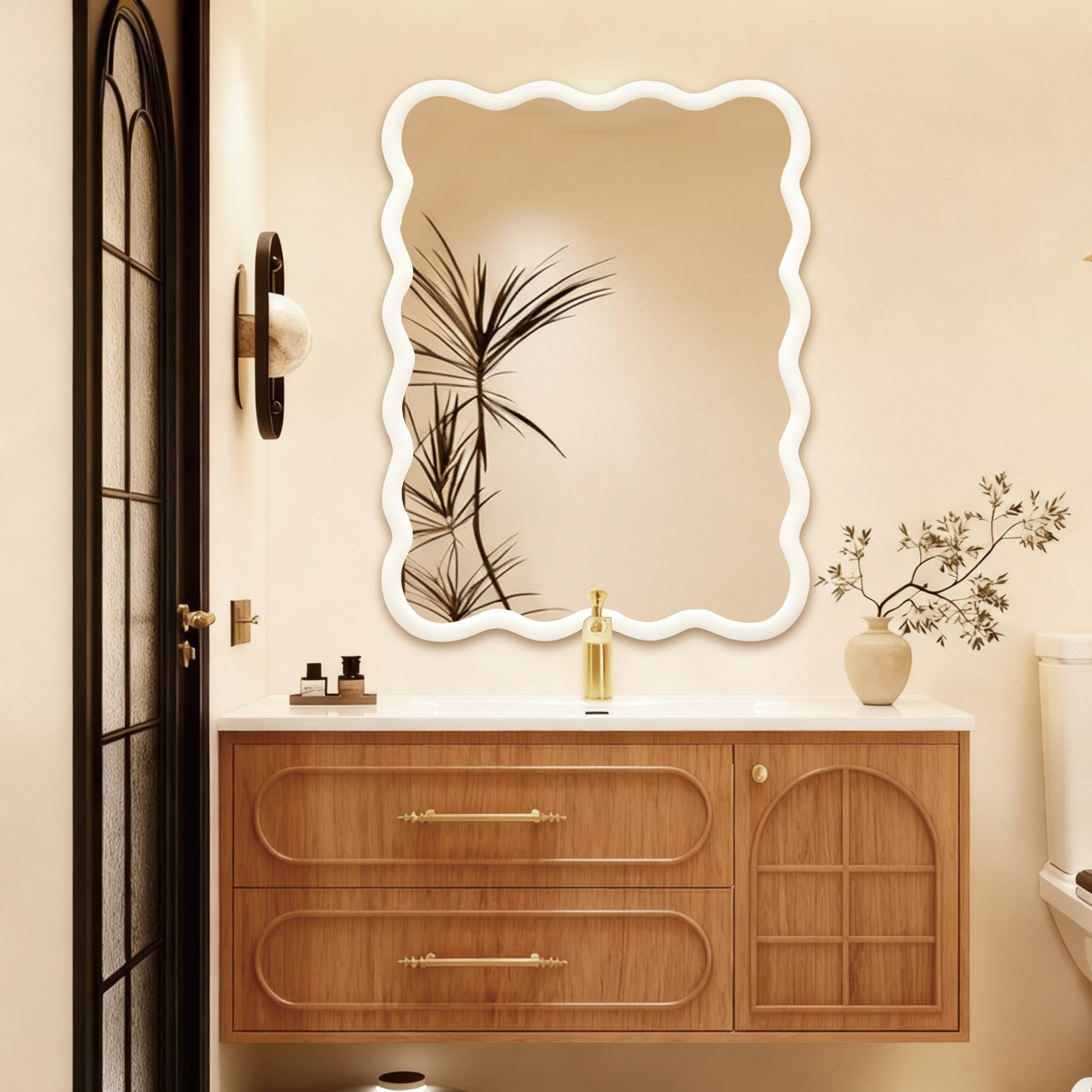 Wavy solid wood wall mirror with curved frame, suitable for bathroom, bedroom, or entryway decor, by Start2Finish.