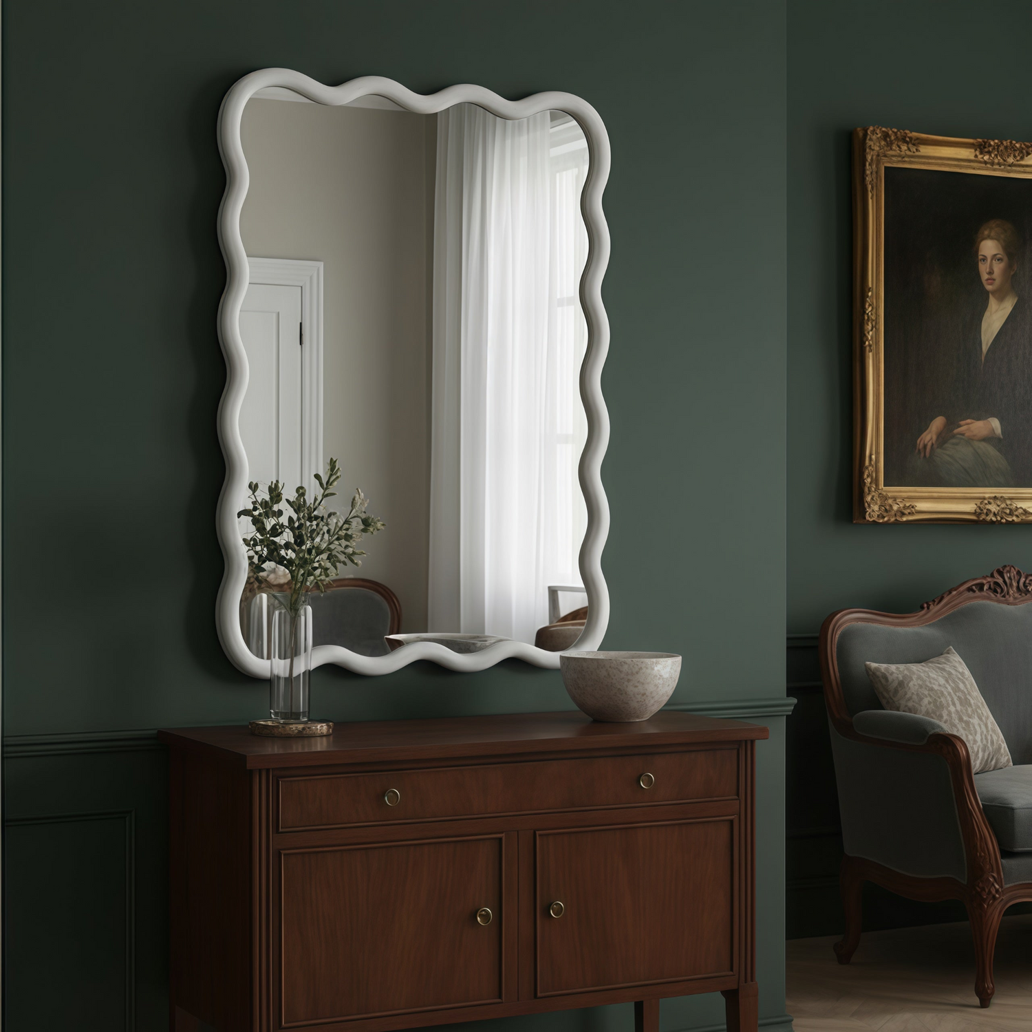 Wavy solid wood wall mirror with curved frame, ideal for bathroom, bedroom, or entryway decor by Start2Finish