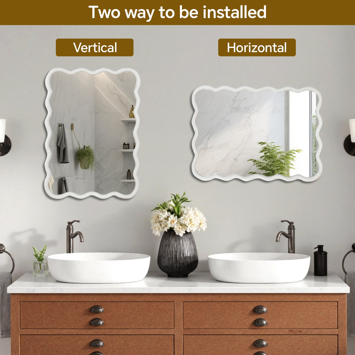 Wavy solid wood wall mirror with curved frame, suitable for bathroom, bedroom, or entryway, by Start2Finish.