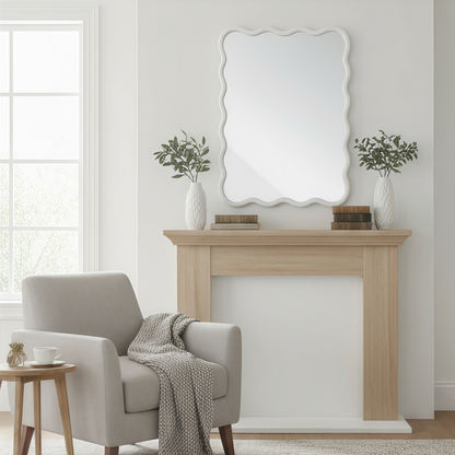 Wavy solid wood wall mirror with curved frame, suitable for bathroom, bedroom, or entryway decor, by Start2Finish.