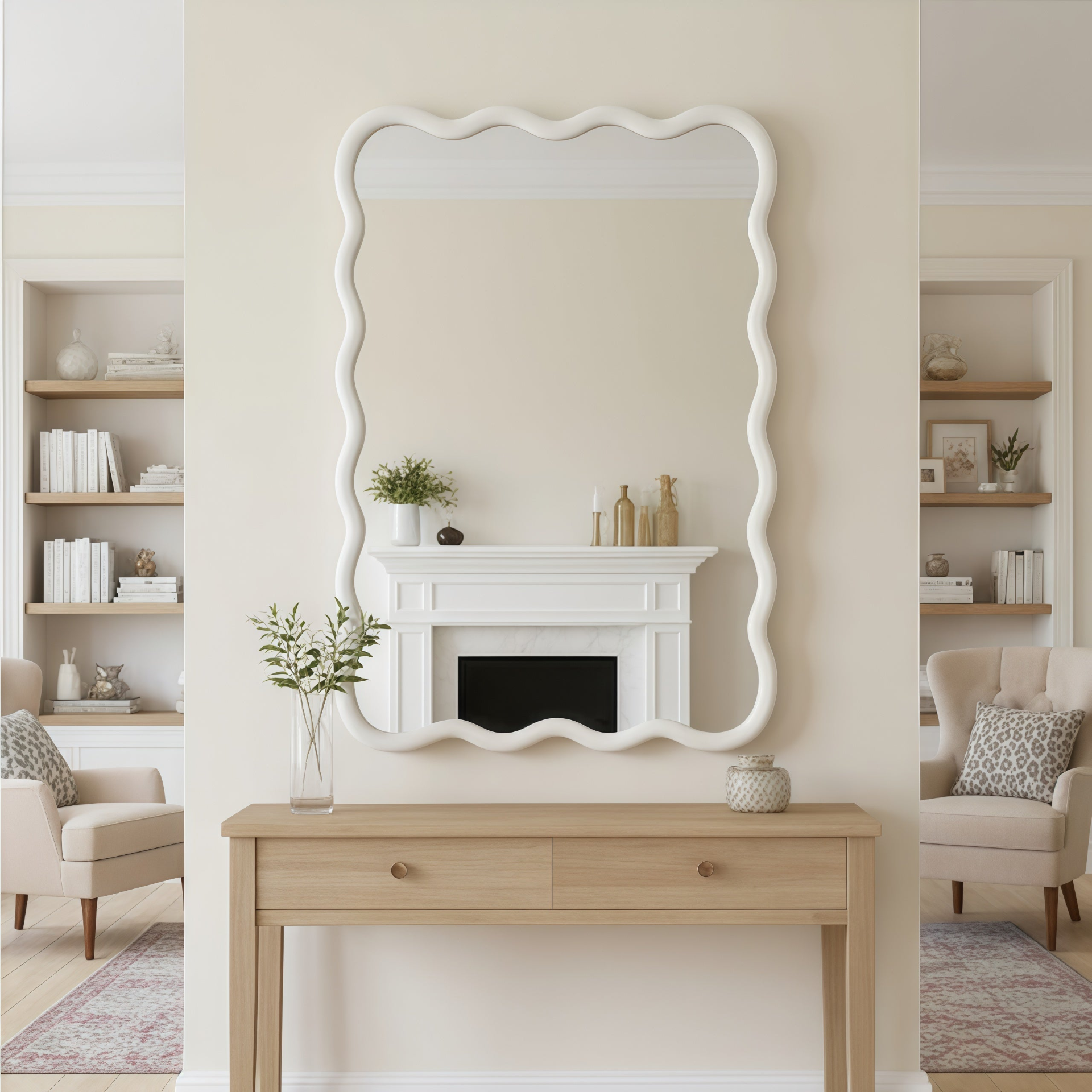 Wavy solid wood wall mirror with curved frame, ideal for bathroom, bedroom, or entryway decor by Start2Finish