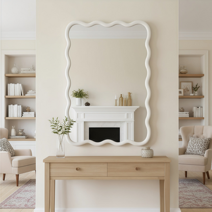 Wavy solid wood wall mirror with curved frame, ideal for bathroom, bedroom, or entryway decor by Start2Finish