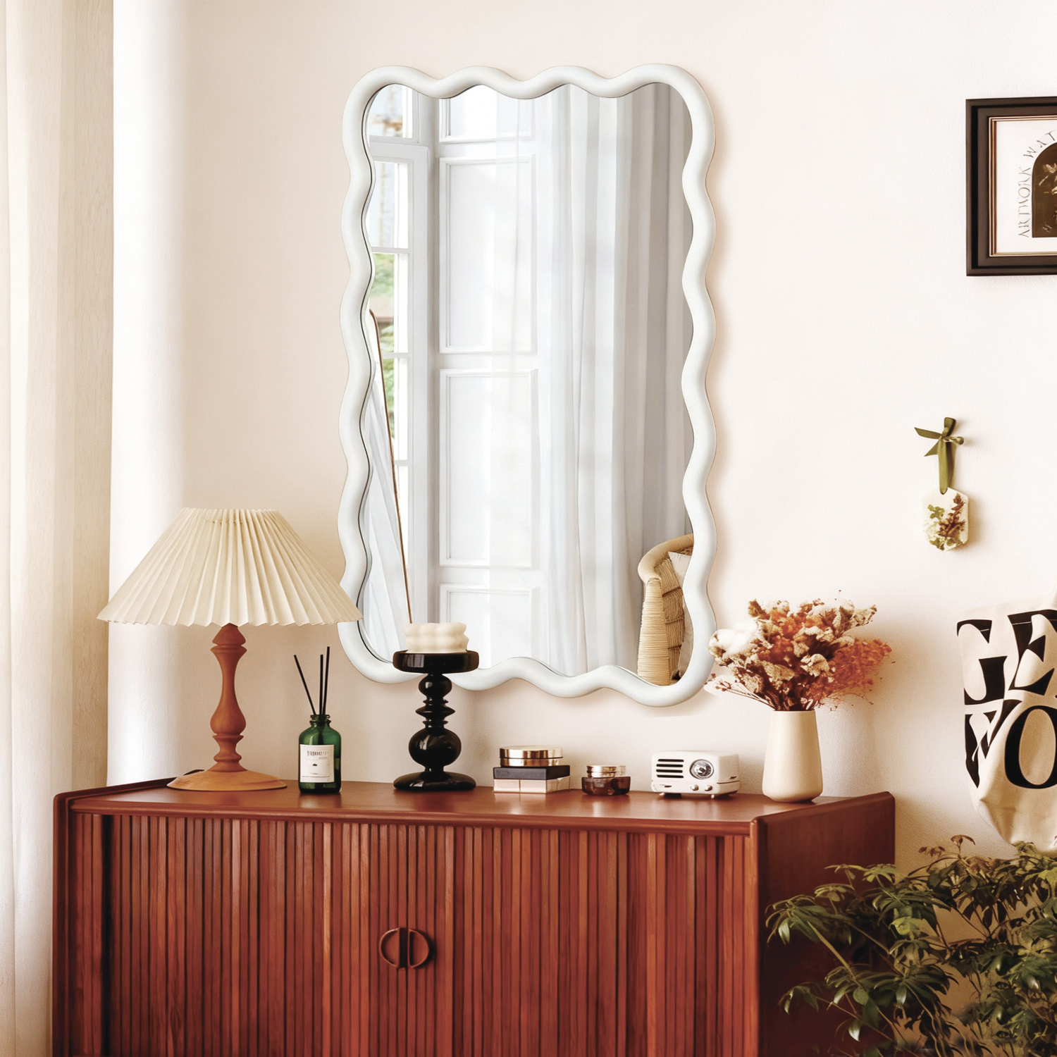 Wavy solid wood wall mirror with curved frame, ideal for bathroom, bedroom, or entryway decor, by Start2Finish.