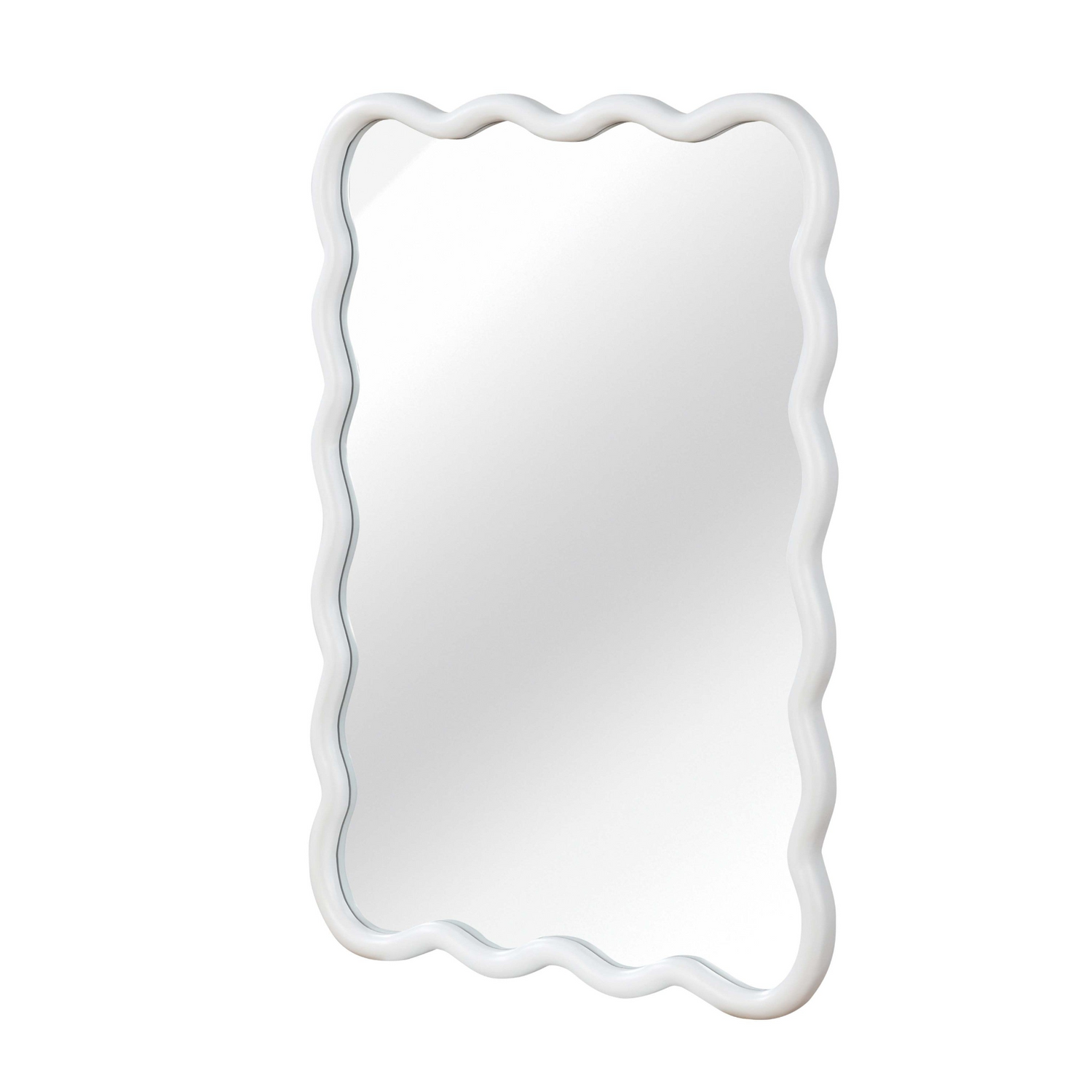 Wavy solid wood wall mirror with curved frame, ideal for bathroom, bedroom, or entryway decor in a modern home setting