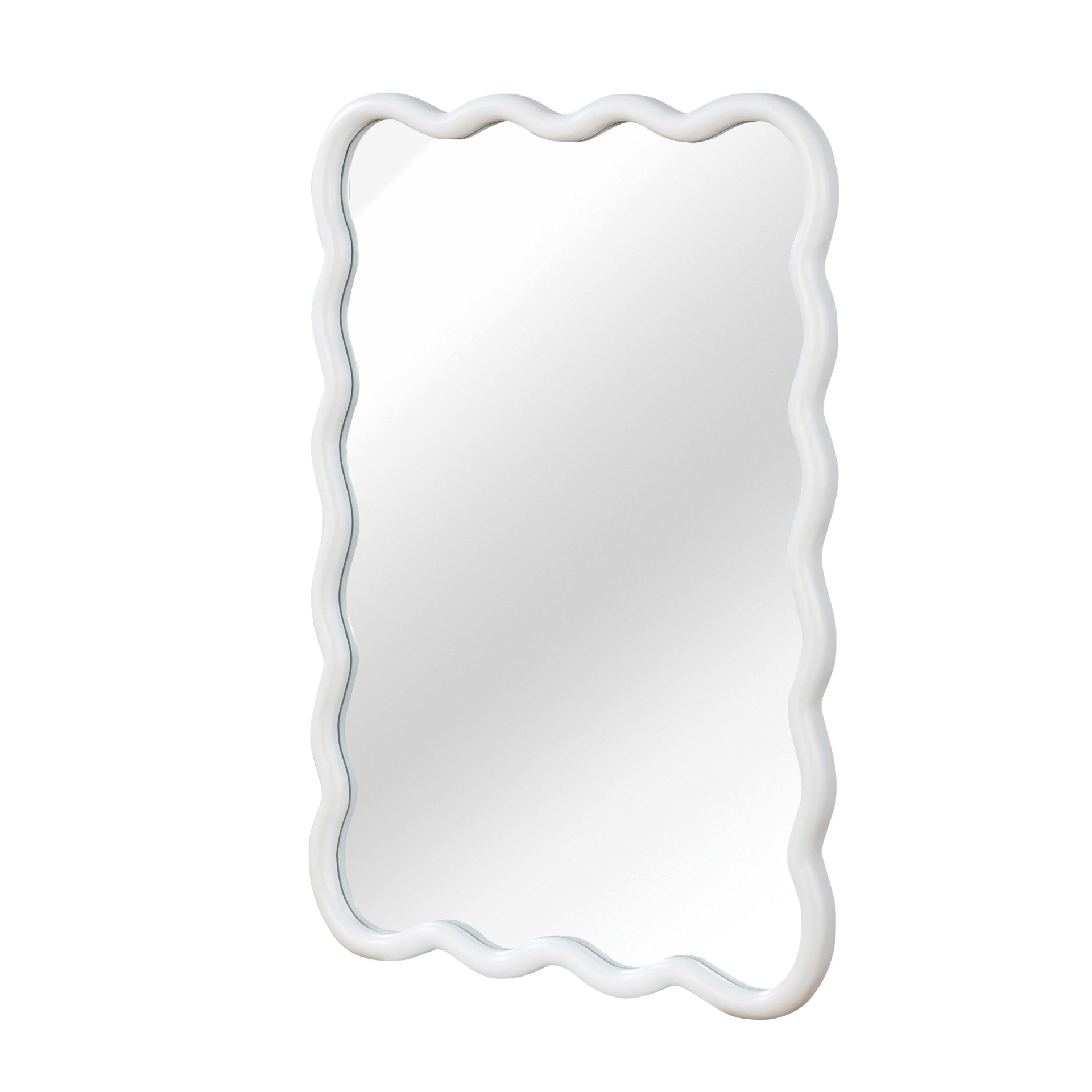 Wavy solid wood wall mirror with curved frame, ideal for bathroom, bedroom, or entryway decor in a modern home setting