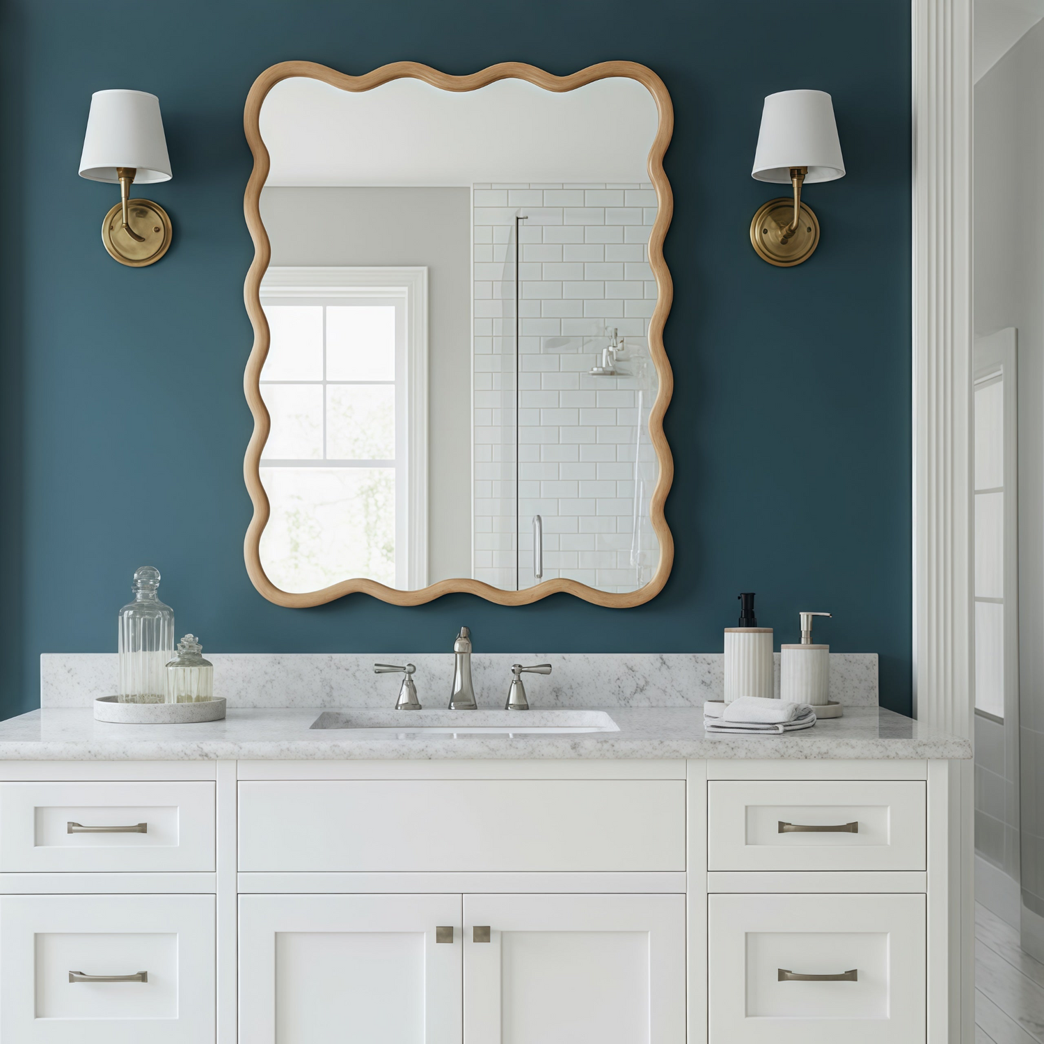 Start2Finish wavy solid wood wall mirror with curved frame, ideal for bathroom, bedroom, or entryway decor.