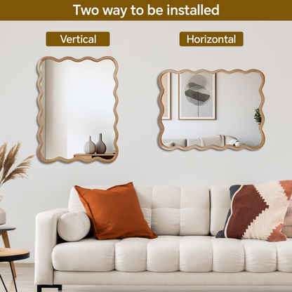 Wavy solid wood wall mirror with curved frame by Start2Finish, suitable for bathroom, bedroom, or entryway decor.