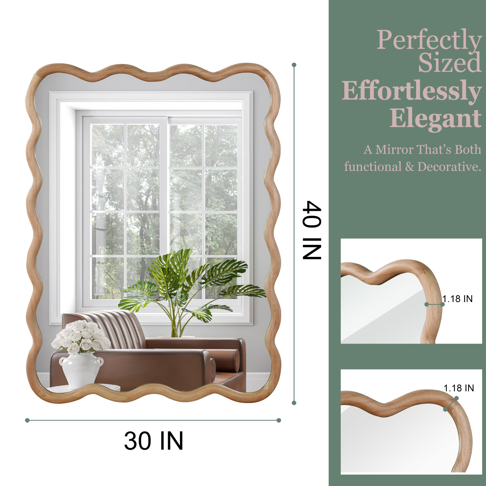 Wavy solid wood wall mirror with curved frame, suitable for bathroom, bedroom, or entryway, by Start2Finish.