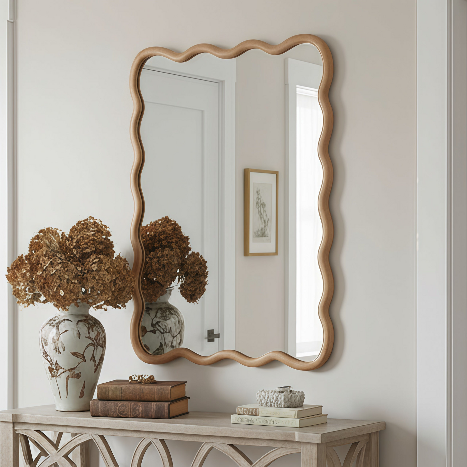 Wavy solid wood wall mirror with curved frame, ideal for bathroom, bedroom, or entryway decor by Start2Finish