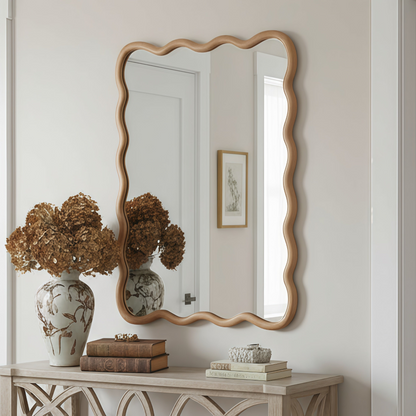 Wavy solid wood wall mirror with curved frame, ideal for bathroom, bedroom, or entryway decor by Start2Finish