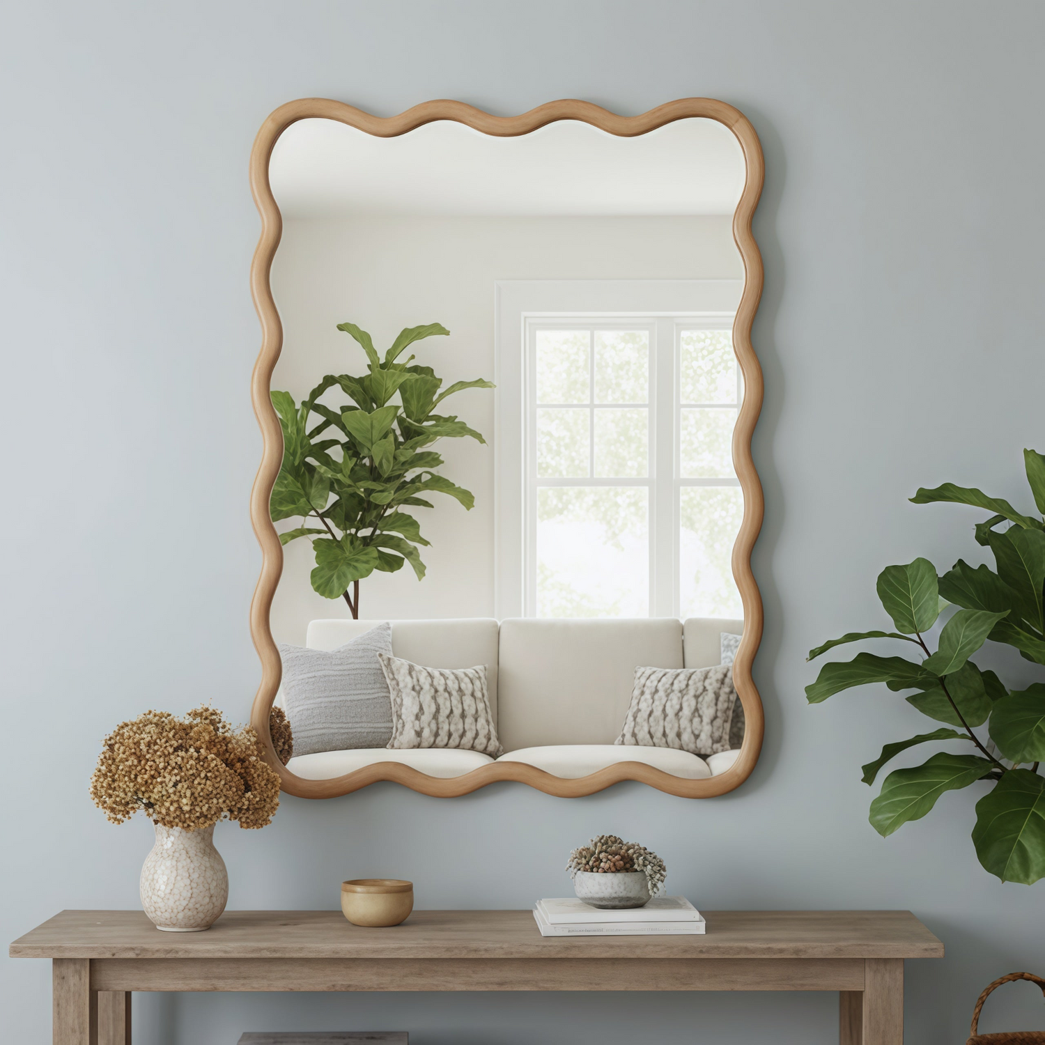 Wavy solid wood wall mirror with curved frame, ideal for bathroom, bedroom, or entryway decor by Start2Finish