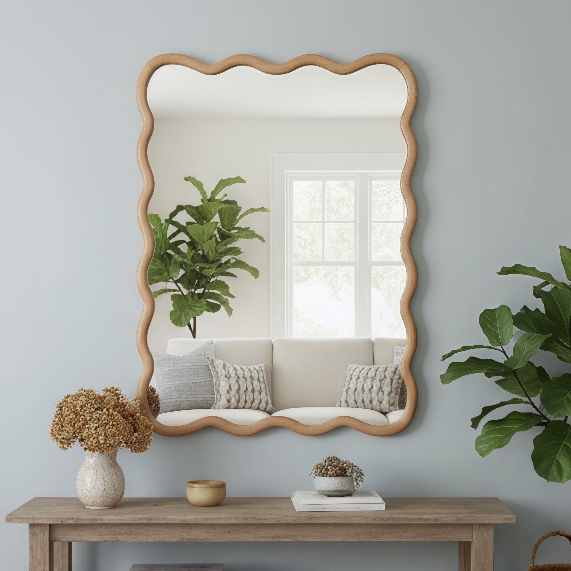 Wavy solid wood wall mirror with curved frame, ideal for bathroom, bedroom, or entryway decor by Start2Finish