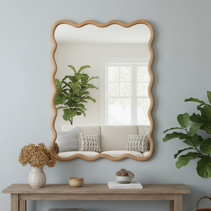 Wavy solid wood wall mirror with curved frame, ideal for bathroom, bedroom, or entryway decor by Start2Finish
