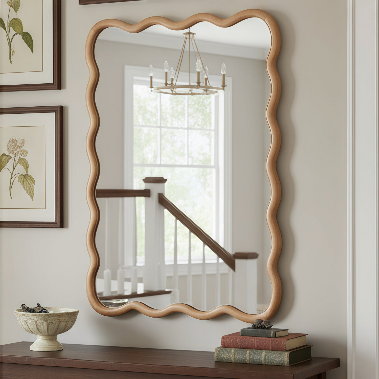 Wavy solid wood wall mirror with curved frame, suitable for bathroom, bedroom, or entryway decor, by Start2Finish.