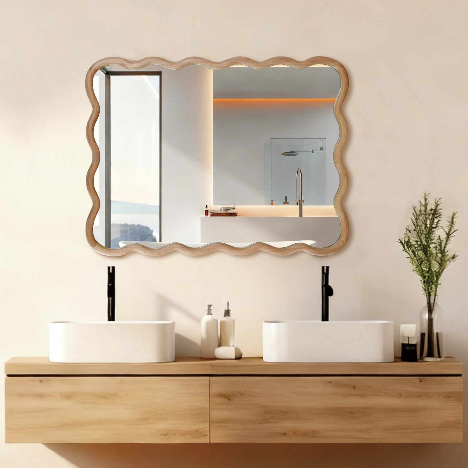 Wavy solid wood wall mirror with curved frame, ideal for bathroom, bedroom, or entryway decor by Start2Finish