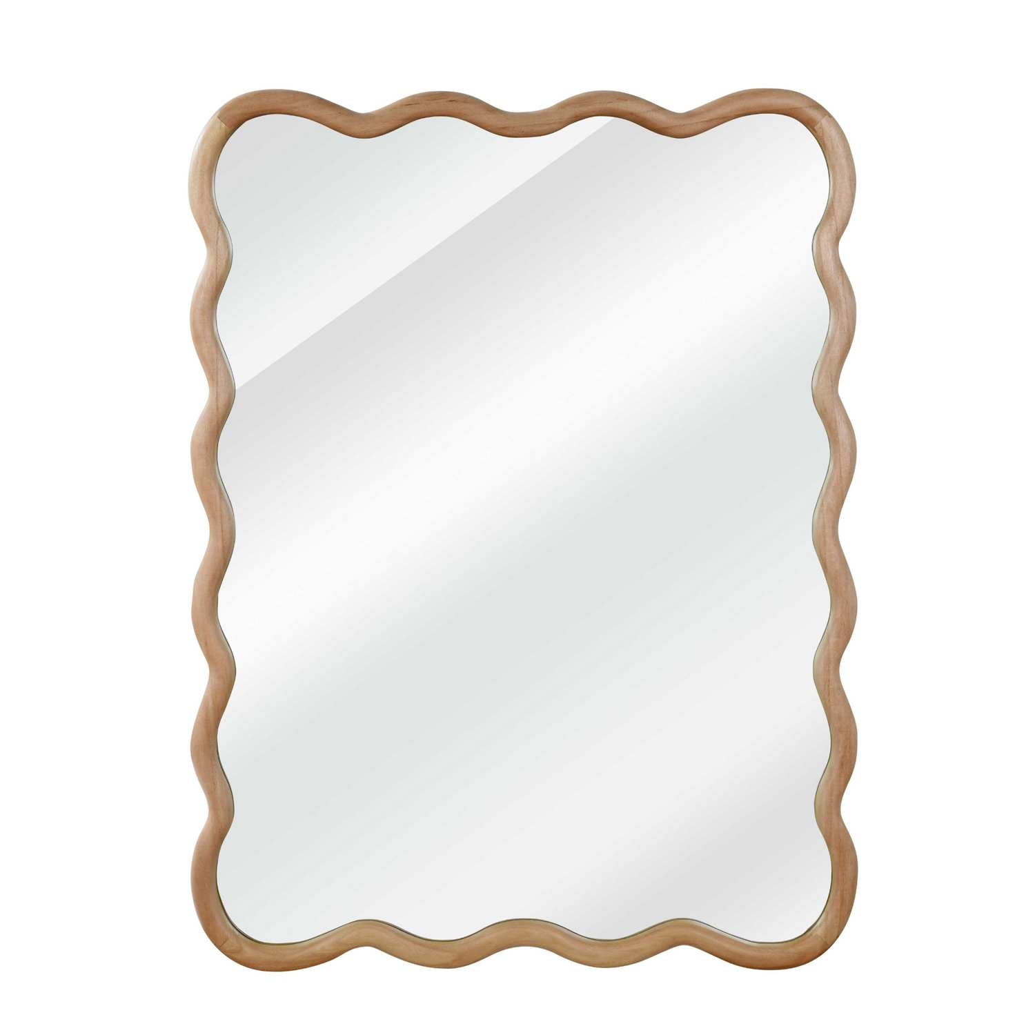 Wavy solid wood wall mirror with curved frame, ideal for bathroom, bedroom, or entryway decor, by Start2Finish.