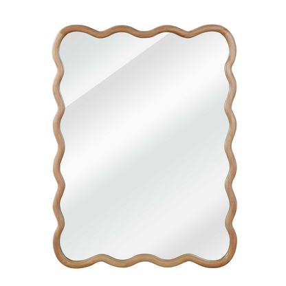 Wavy solid wood wall mirror with curved frame, ideal for bathroom, bedroom, or entryway decor, by Start2Finish.