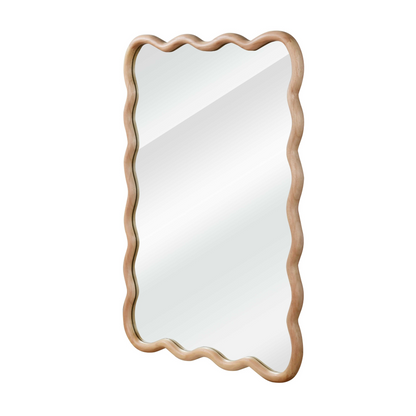 Wavy solid wood wall mirror with curved frame, suitable for bathroom, bedroom, or entryway decor, by Start2Finish.
