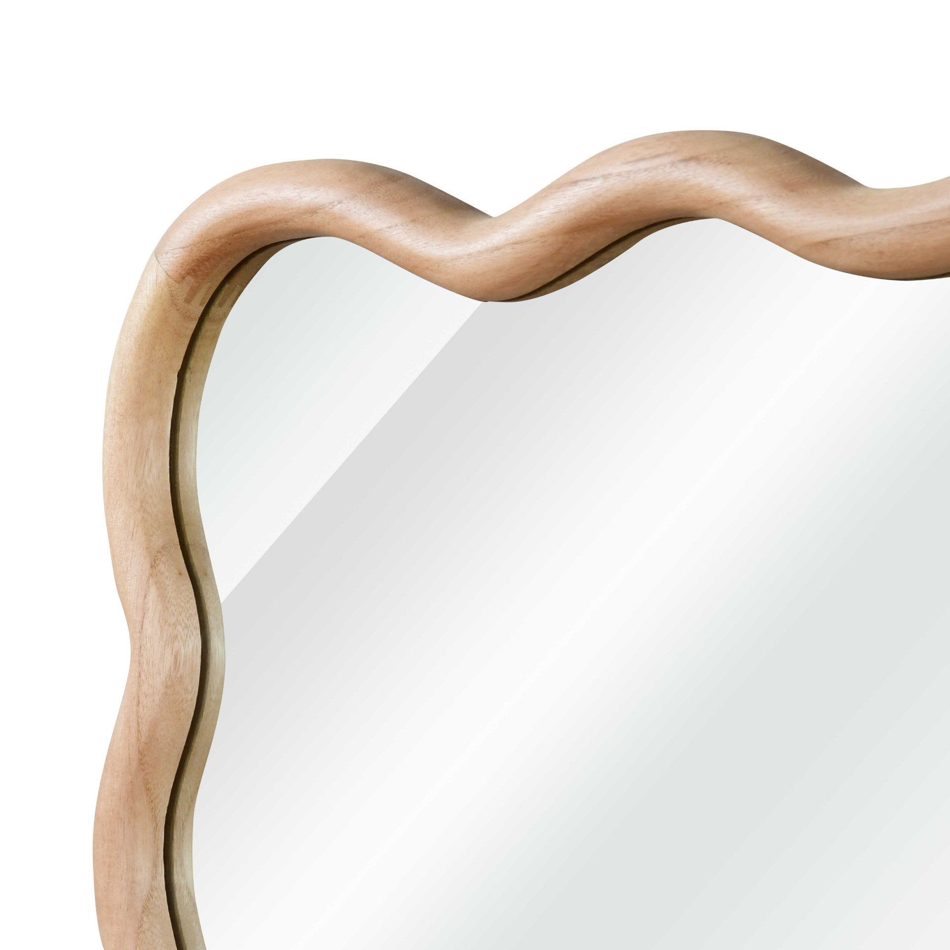 Wavy solid wood wall mirror with curved frame, ideal for bathroom, bedroom, or entryway decor, by Start2Finish.