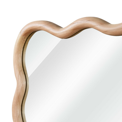 Wavy solid wood wall mirror with curved frame, ideal for bathroom, bedroom, or entryway decor, by Start2Finish.