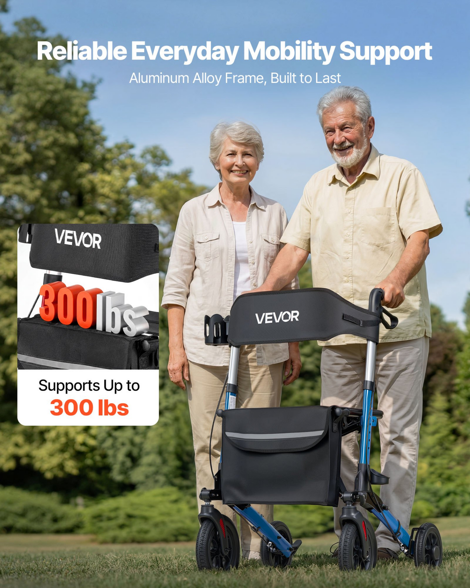 Start2Finish VEVOR rollator walker with seat, lightweight aluminum frame, PU wheels, adjustable handles, cup and cane holder.