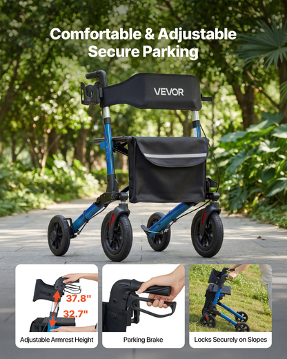 Start2Finish VEVOR rollator walker with seat, lightweight aluminum frame, PU wheels, adjustable handles, cup &amp; cane holder for seniors.