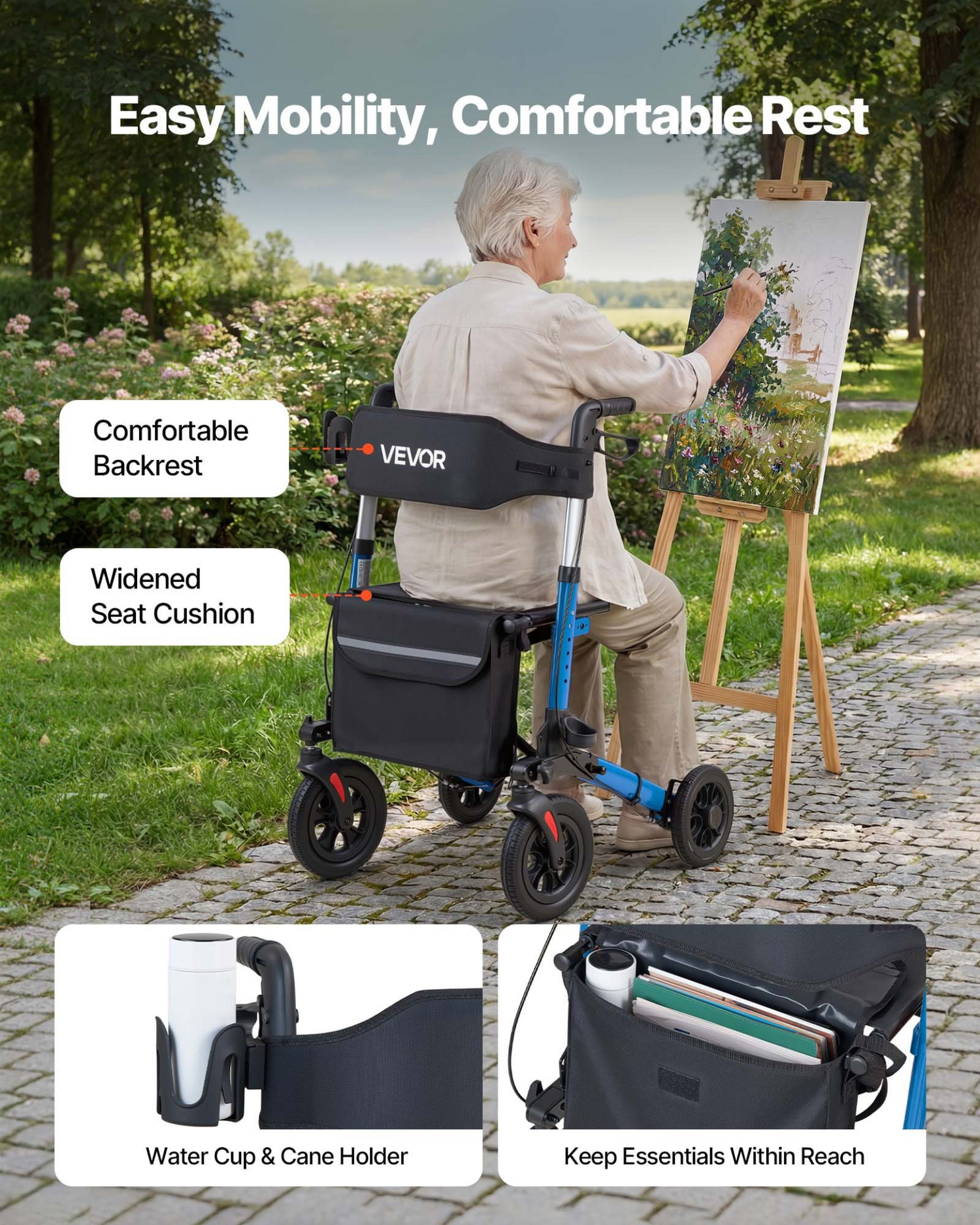 Start2Finish VEVOR rollator walker with seat, lightweight aluminum frame, PU solid wheels, adjustable handles, cup and cane holder.