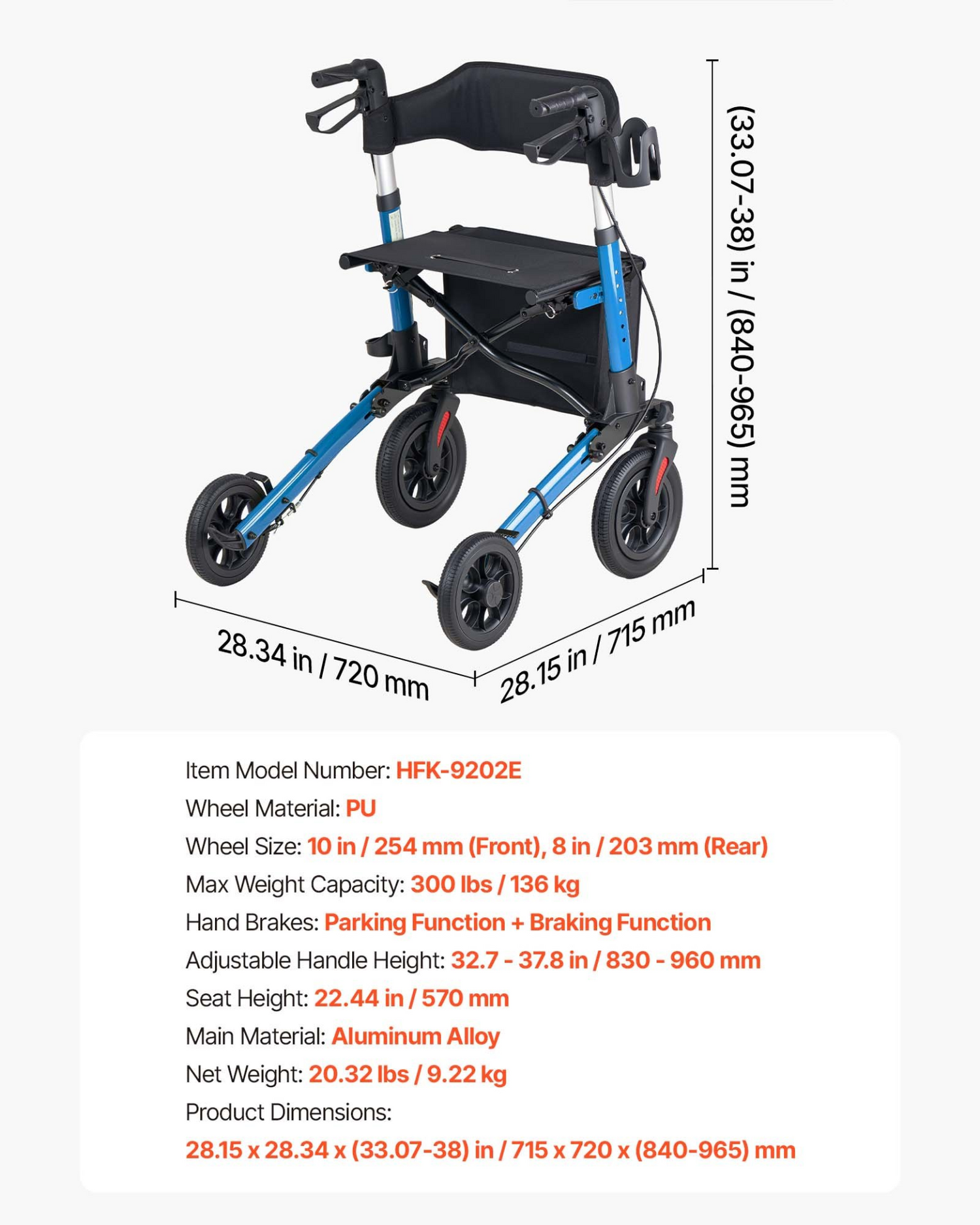 Start2Finish VEVOR rollator walker with seat, lightweight aluminum frame, PU wheels, adjustable handles, cup and cane holder.
