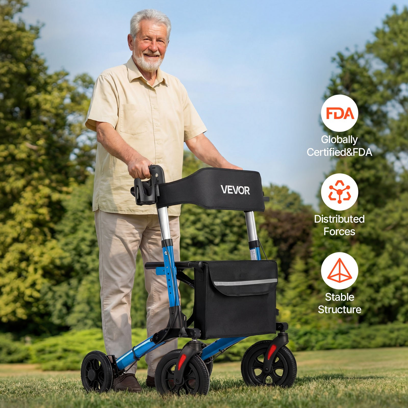 Start2Finish VEVOR rollator walker with seat, lightweight aluminum frame, adjustable handles, solid PU wheels, cup and cane holder.