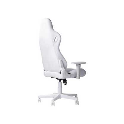 White velvet gaming chair by Start2Finish, with ergonomic design and padded armrests, ideal for comfortable gaming and workspace use.