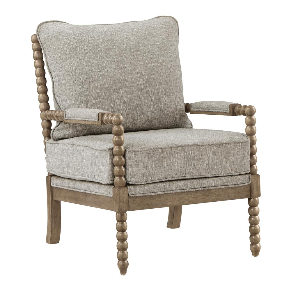 Start2Finish Fletcher Spindle Chair in fog fabric with rustic brown finish, showcasing a stylish, upholstered armchair with spindle details.