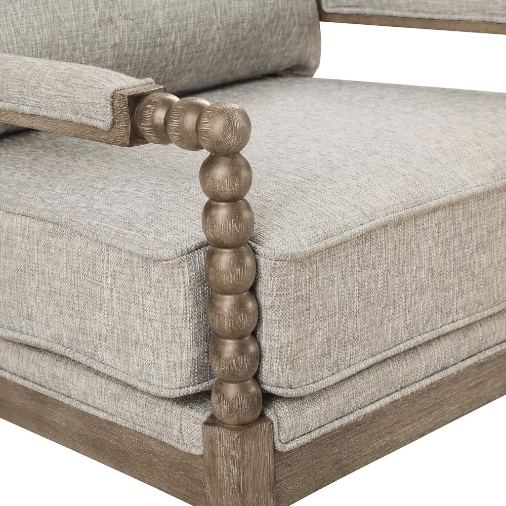 Fletcher Spindle Chair in Fog fabric with rustic brown finish, showcasing a classic wooden frame and cushioned seat.