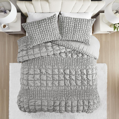 Start2Finish Evelyn 3-piece stripe grey bedding comforter set with ruched details, perfect for modern bedroom decor.