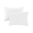 Evelyn 3-piece stripe ruched comforter set in white with matching pillow shams, displayed on a bed in a cozy bedroom setting.