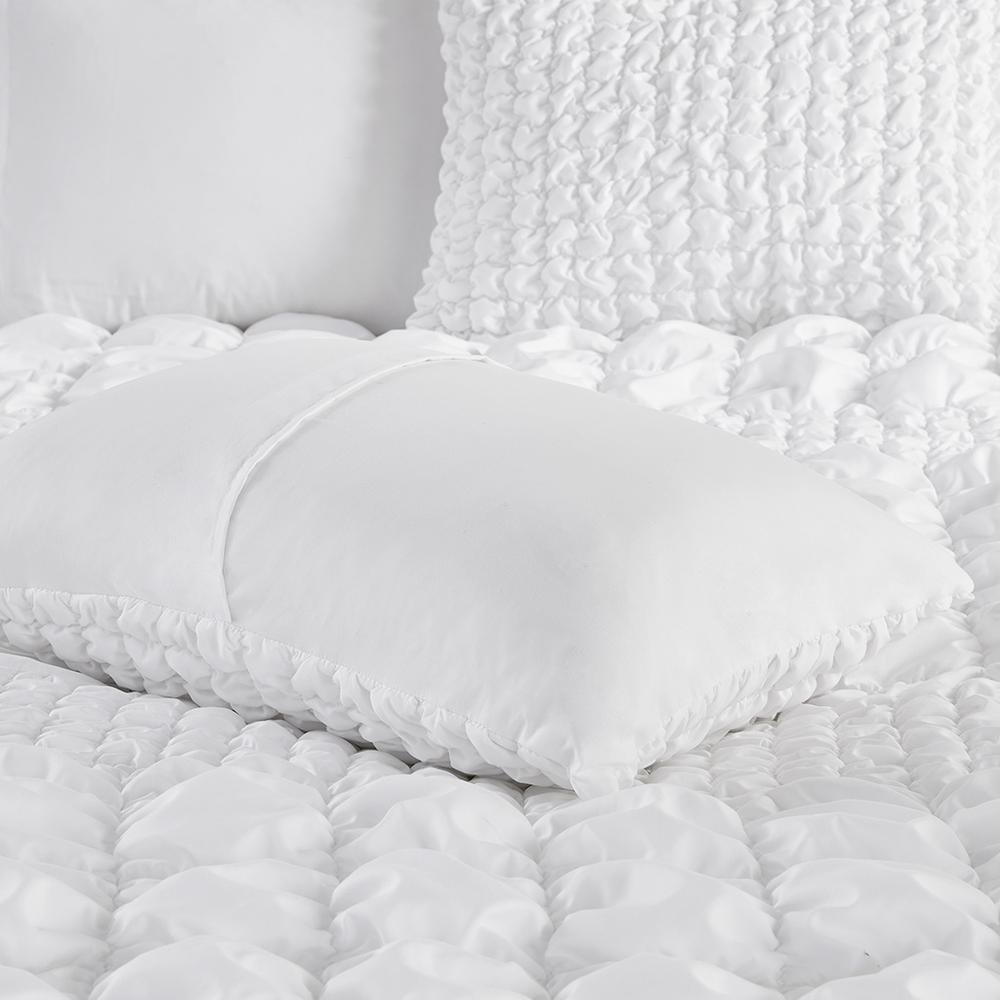Start2Finish Evelyn 3-piece stripe ruched comforter set in white with matching pillow shams on a bed.