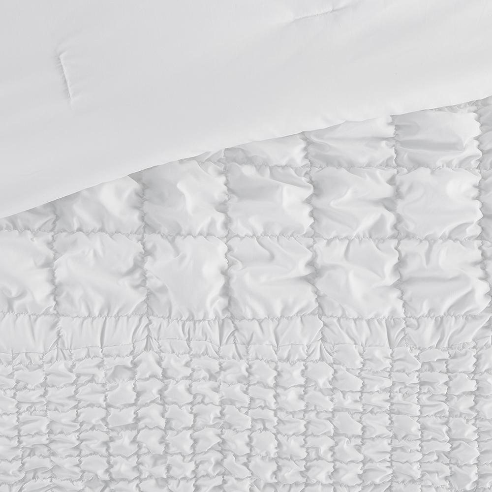 Evelyn 3-piece stripe ruched comforter set in white from Start2Finish, showing the textured, ruched bed comforter and matching pillow shams.