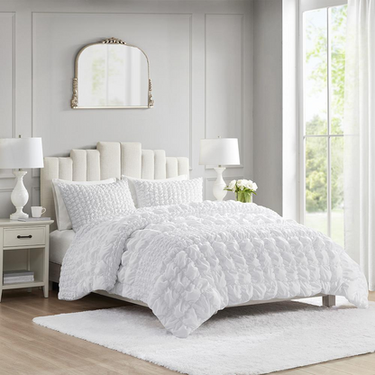 Evelyn 3-piece stripe ruched comforter set in white with matching pillow shams, designed for a cozy bedroom decor.